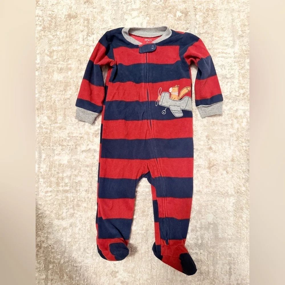 Carter's Red and Navy Striped Fleece Cozy Footie size 9M